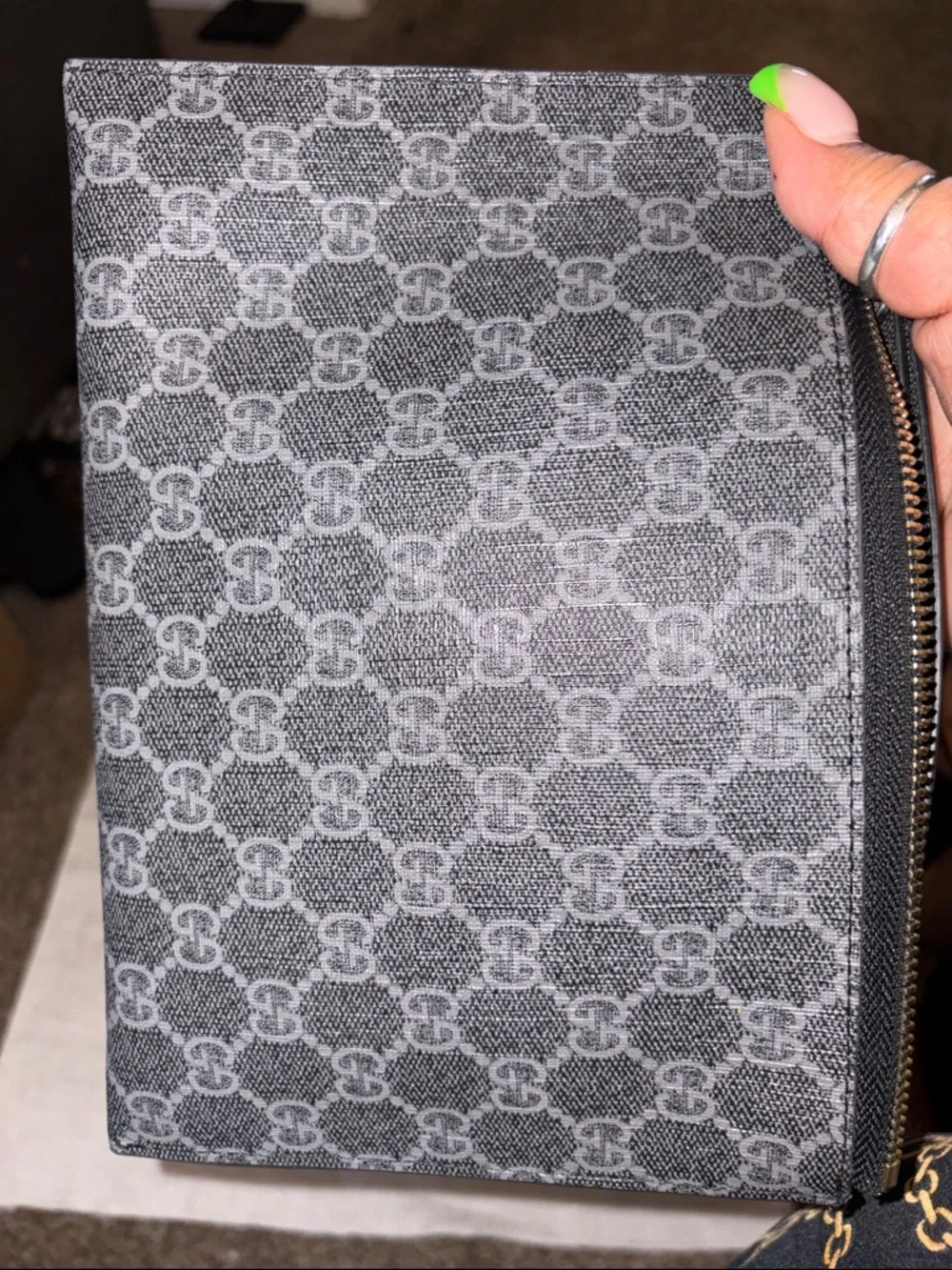 Monogram Zip Wristlet Clutch in Charcoal Gray